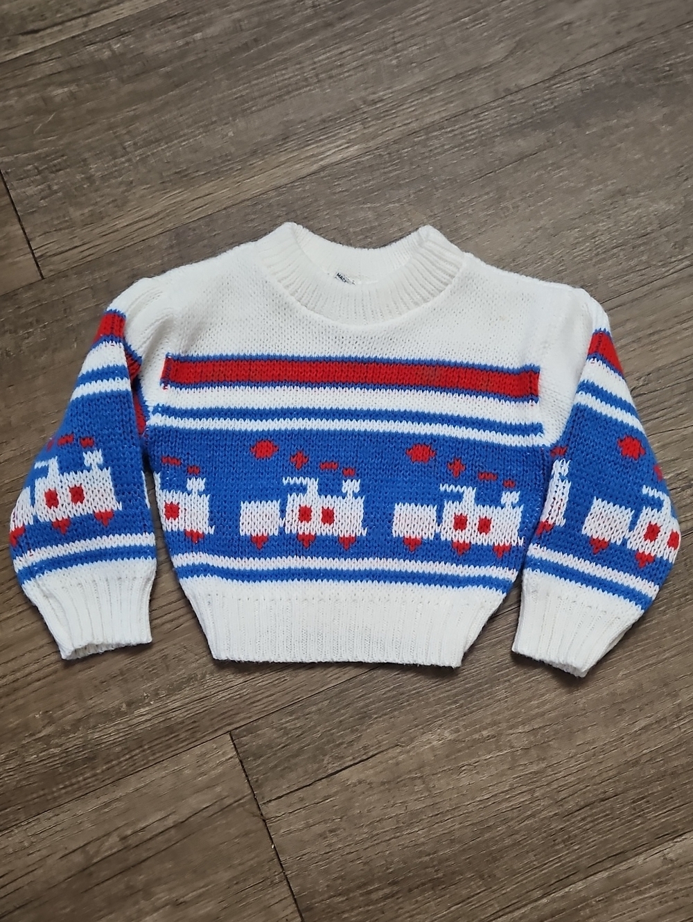 VTG 70s 80s Knit Baby Train Sweater Japan Red Blue Stripe 3/6M